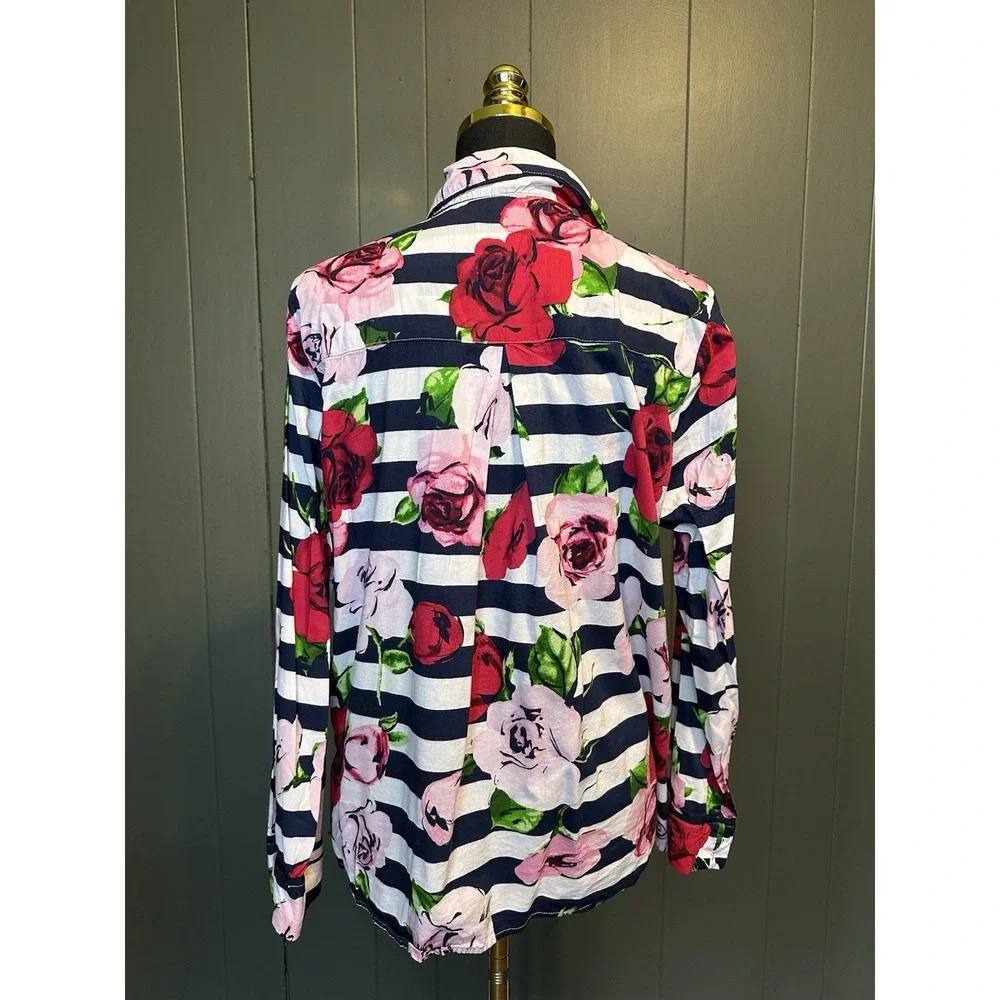 Kate Spade Roses Stripe Pink Floral Navy Blue Striped Pajama‎ Button Top L Large
